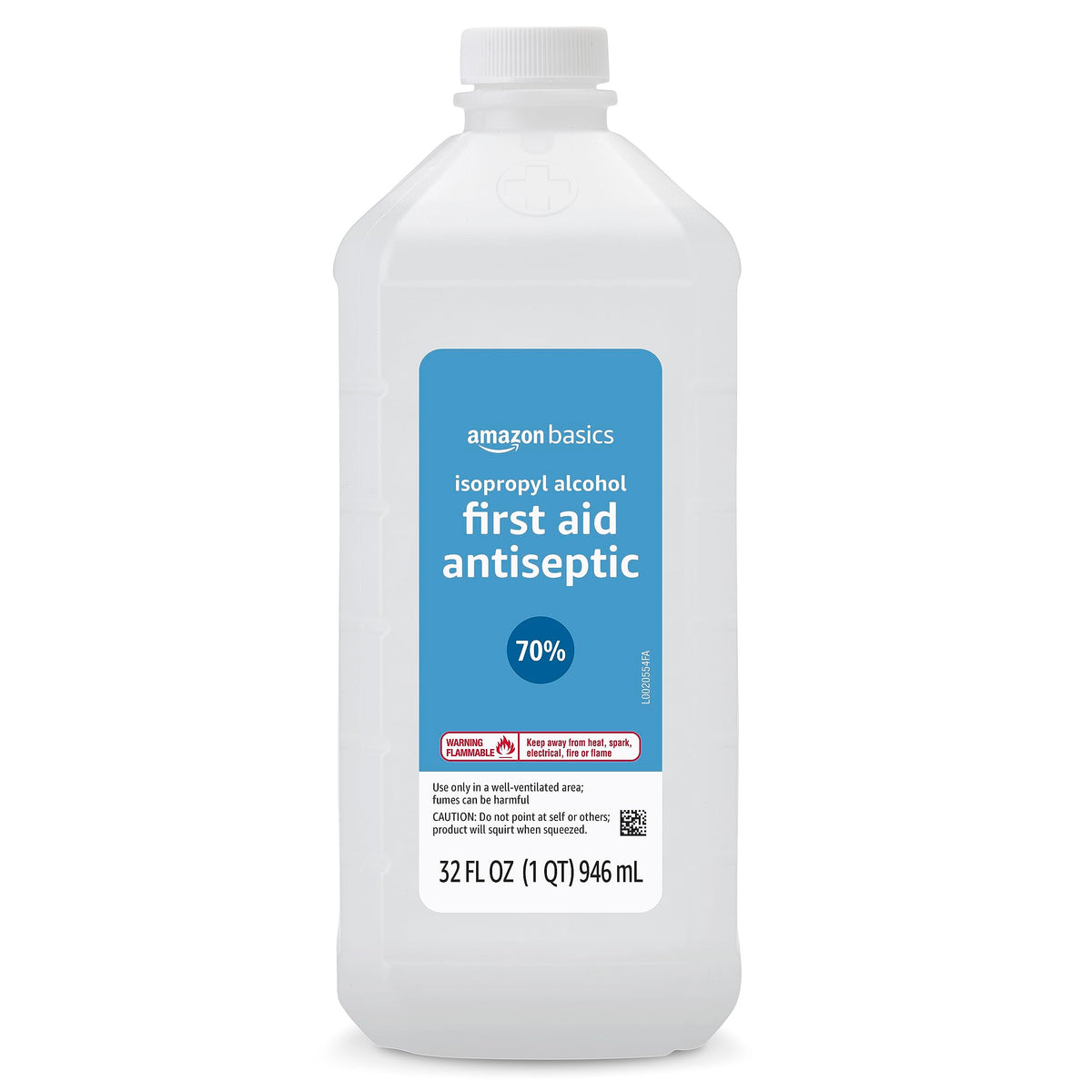 Amazon Basics 70% isopropyl alcohol bottle front for first aid and surface sanitization.