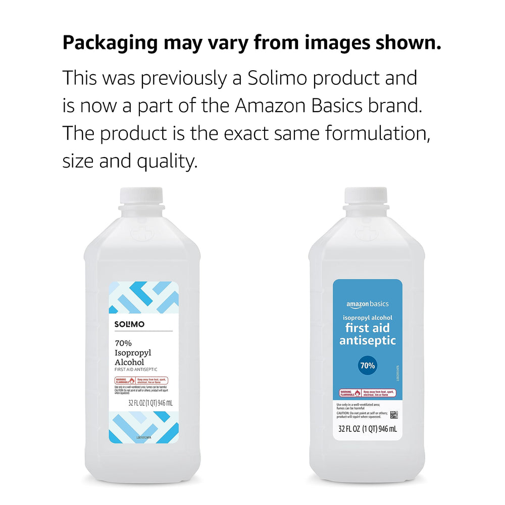 Amazon Basics 70% isopropyl alcohol bottle label close-up showing concentration and safety information.