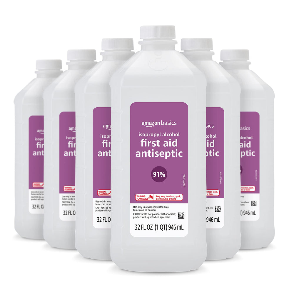 Amazon Basics isopropyl alcohol bottle front view for quick antiseptic use