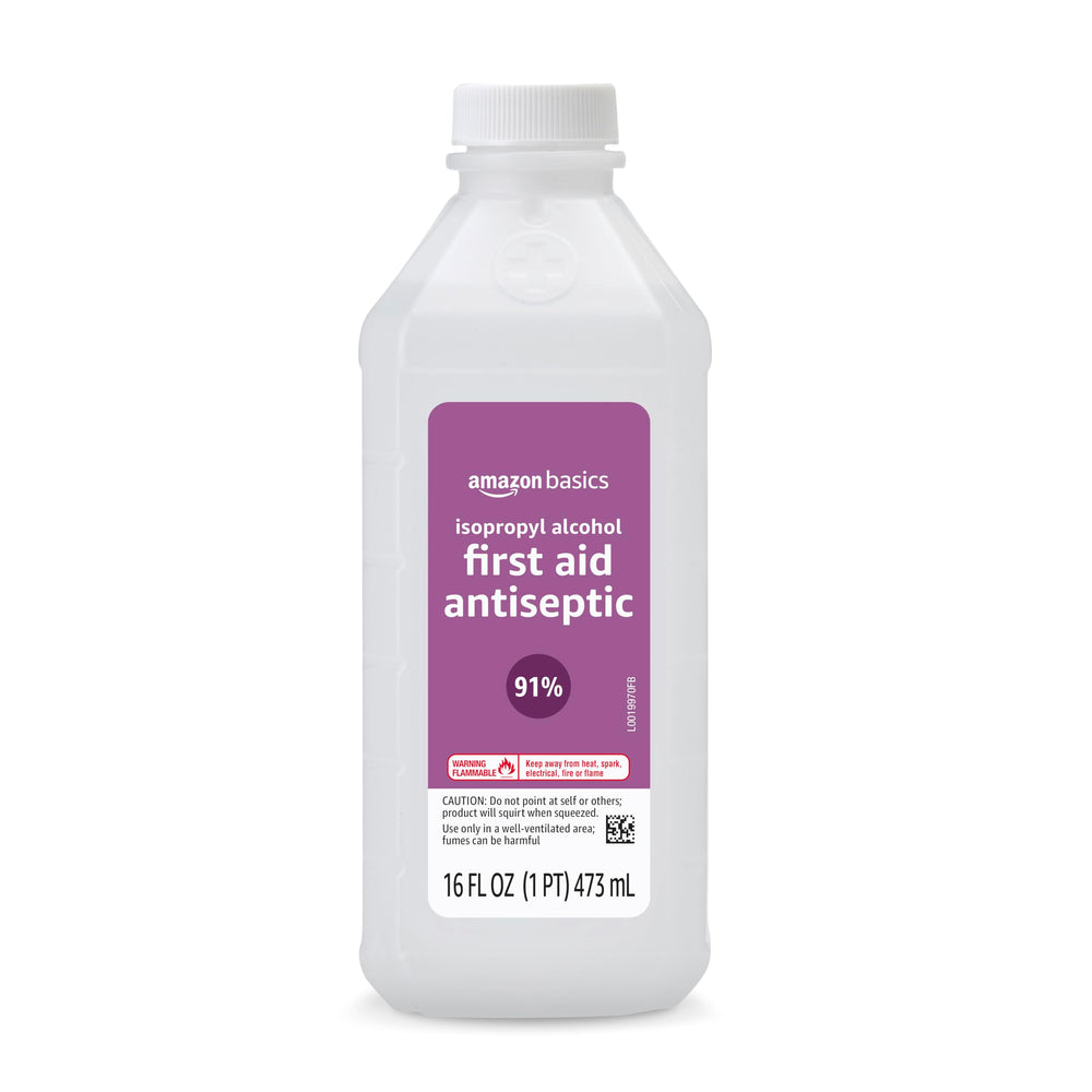 Amazon Basics 91% isopropyl alcohol bottle front for quick minor-cleaning tasks