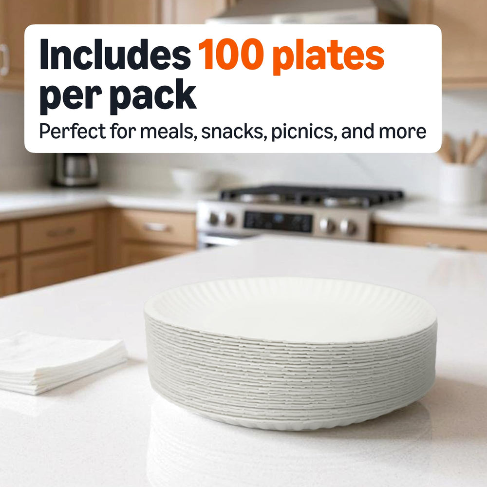 Amazon Basics 9in uncoated white paper plates suitable for short-term microwave reheating.