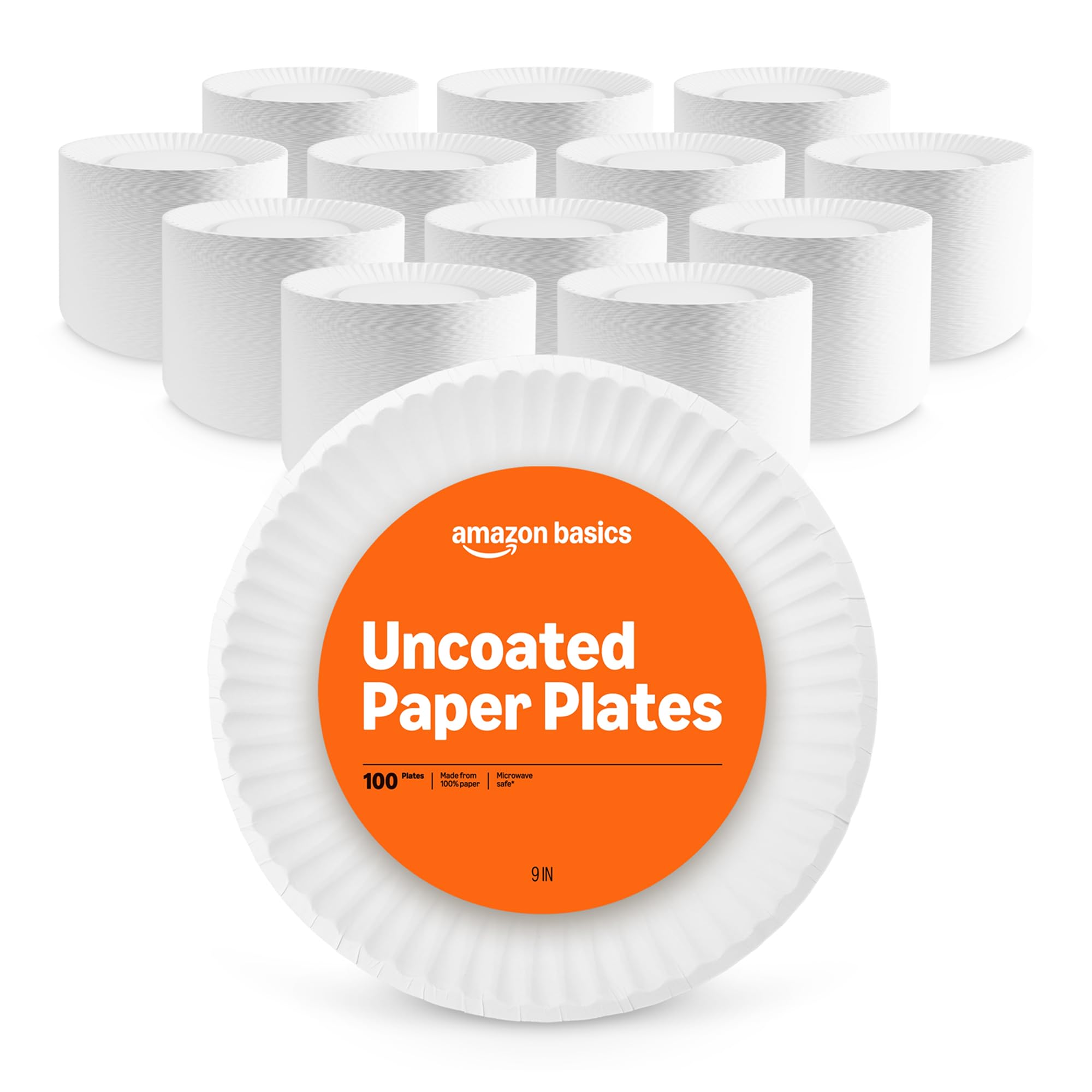 Amazon Basics 9in uncoated white paper plates stacked for easy serving.