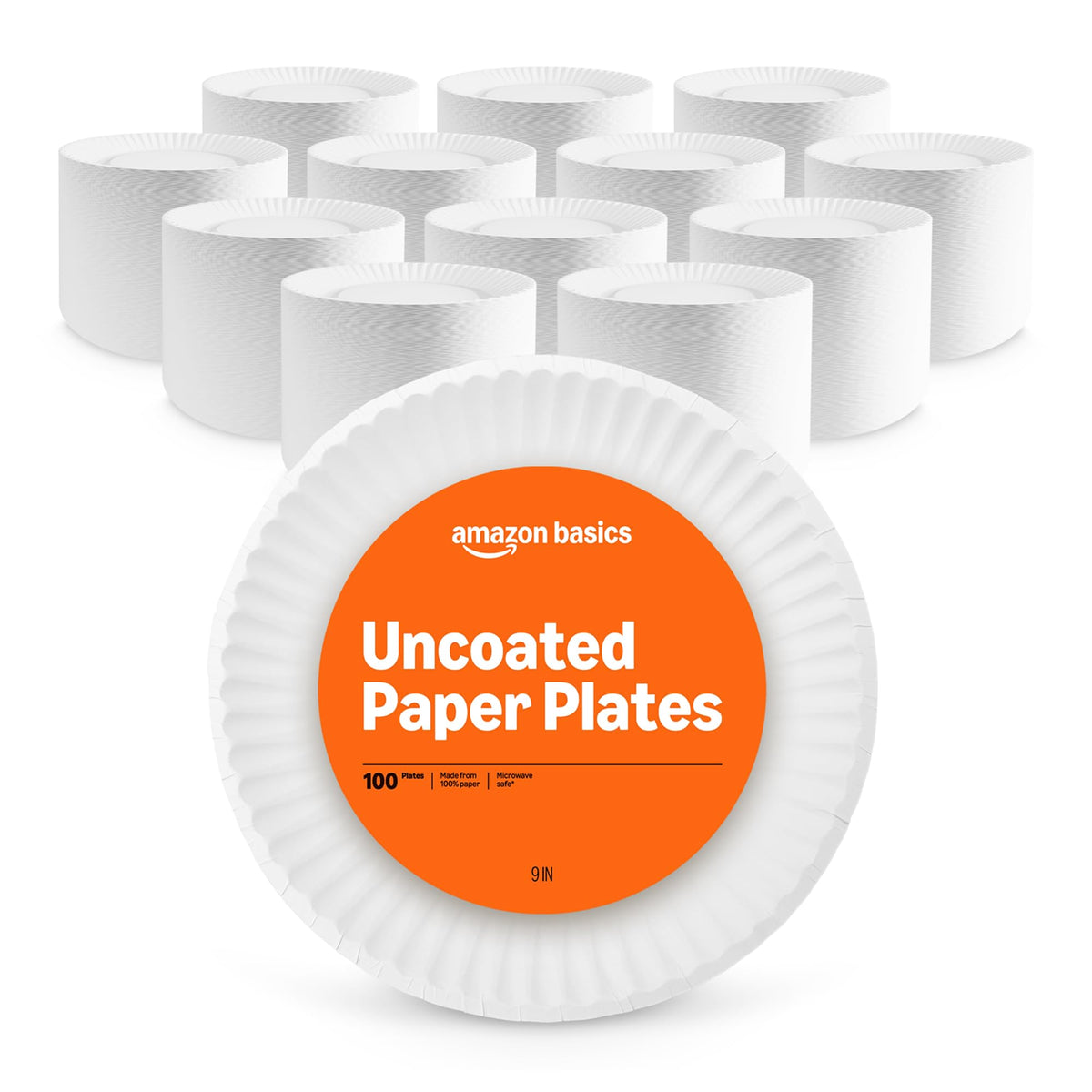 Amazon Basics 9in uncoated white paper plates stacked for easy serving.