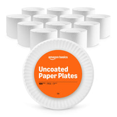 Amazon Basics 9in uncoated white paper plates stacked for easy serving.