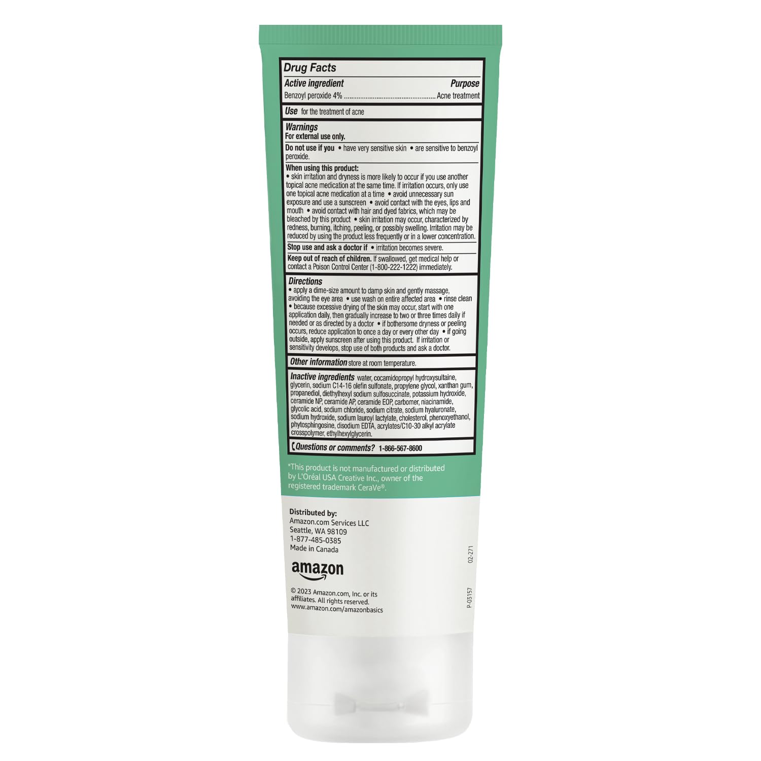 Amazon Basics Acne Cream Cleanser 5 oz bottle on a clean countertop.