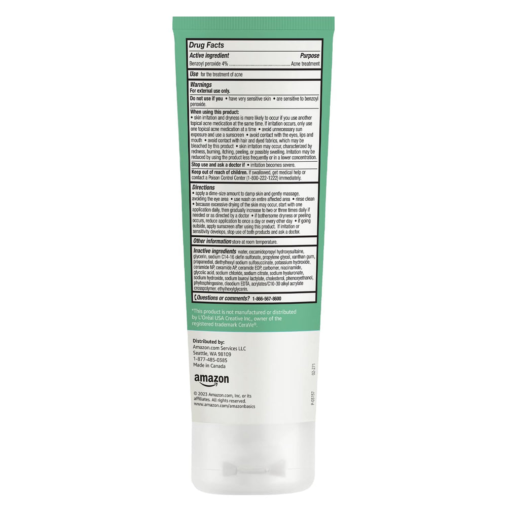 Amazon Basics Acne Cream Cleanser 5 oz bottle on a clean countertop.
