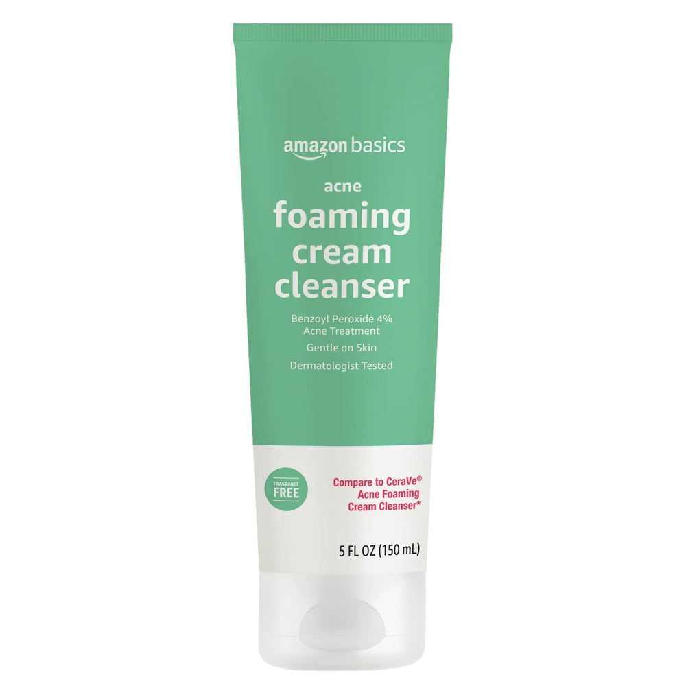 Amazon Basics Acne Cream Cleanser bottle back label shows 4% benzoyl peroxide content.