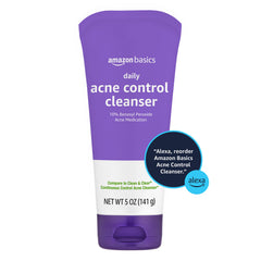 Amazon Basics Acne Face Wash bottle back label showing 10% benzoyl peroxide.