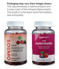 Exterior label on Amazon Basics gummies highlighting vegetarian and gluten-free formula