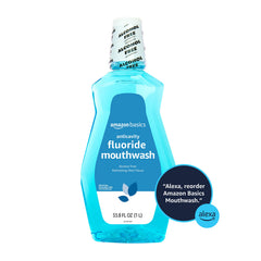 Amazon Basics mint-flavor fluoride mouthwash for fresher breath and enamel protection.