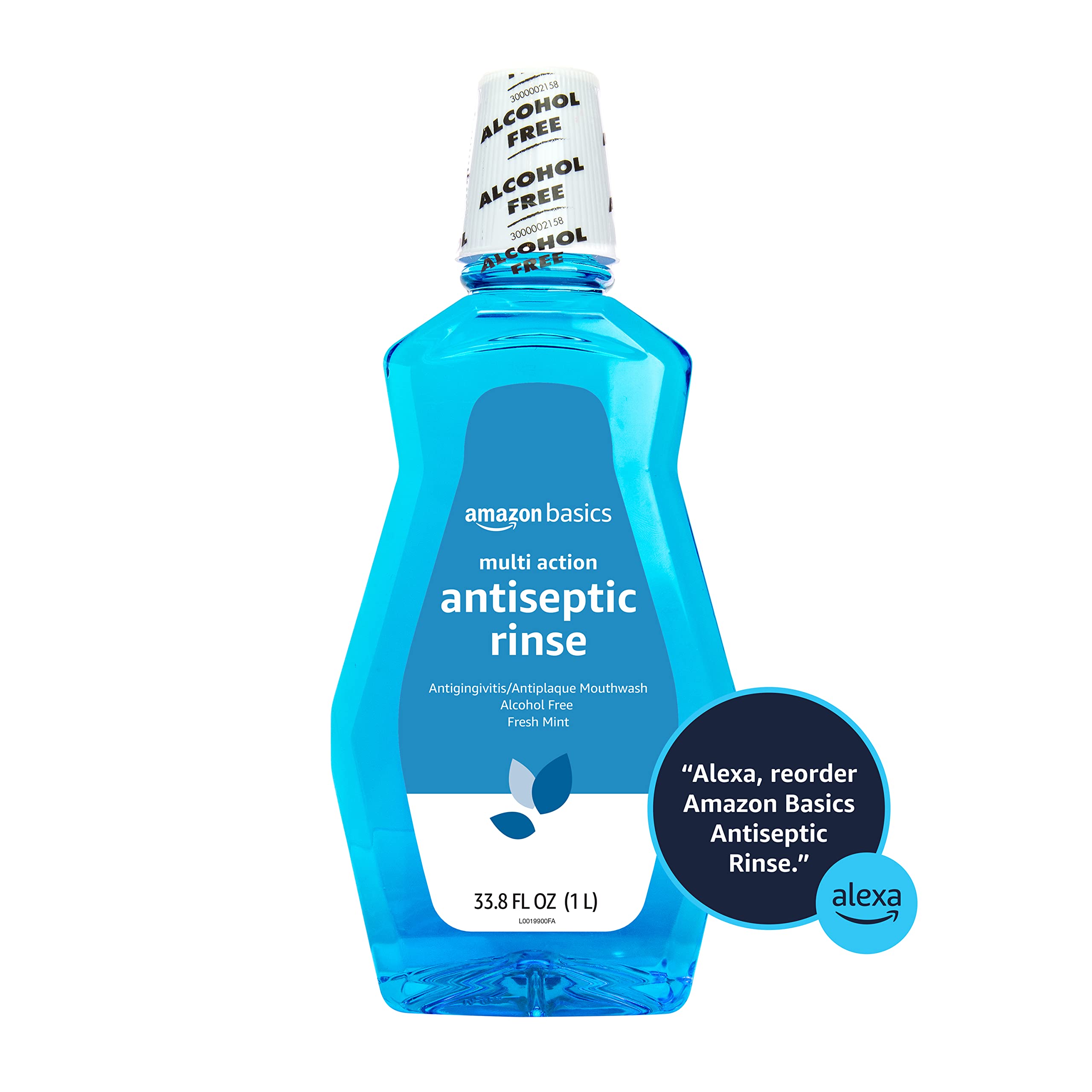 Pouring Amazon Basics alcohol-free mouthwash from bottle for daily use.