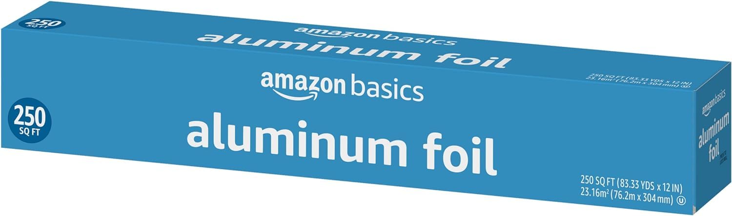 Amazon Basics foil used to line baking sheets for even roasting and mess-free prep.