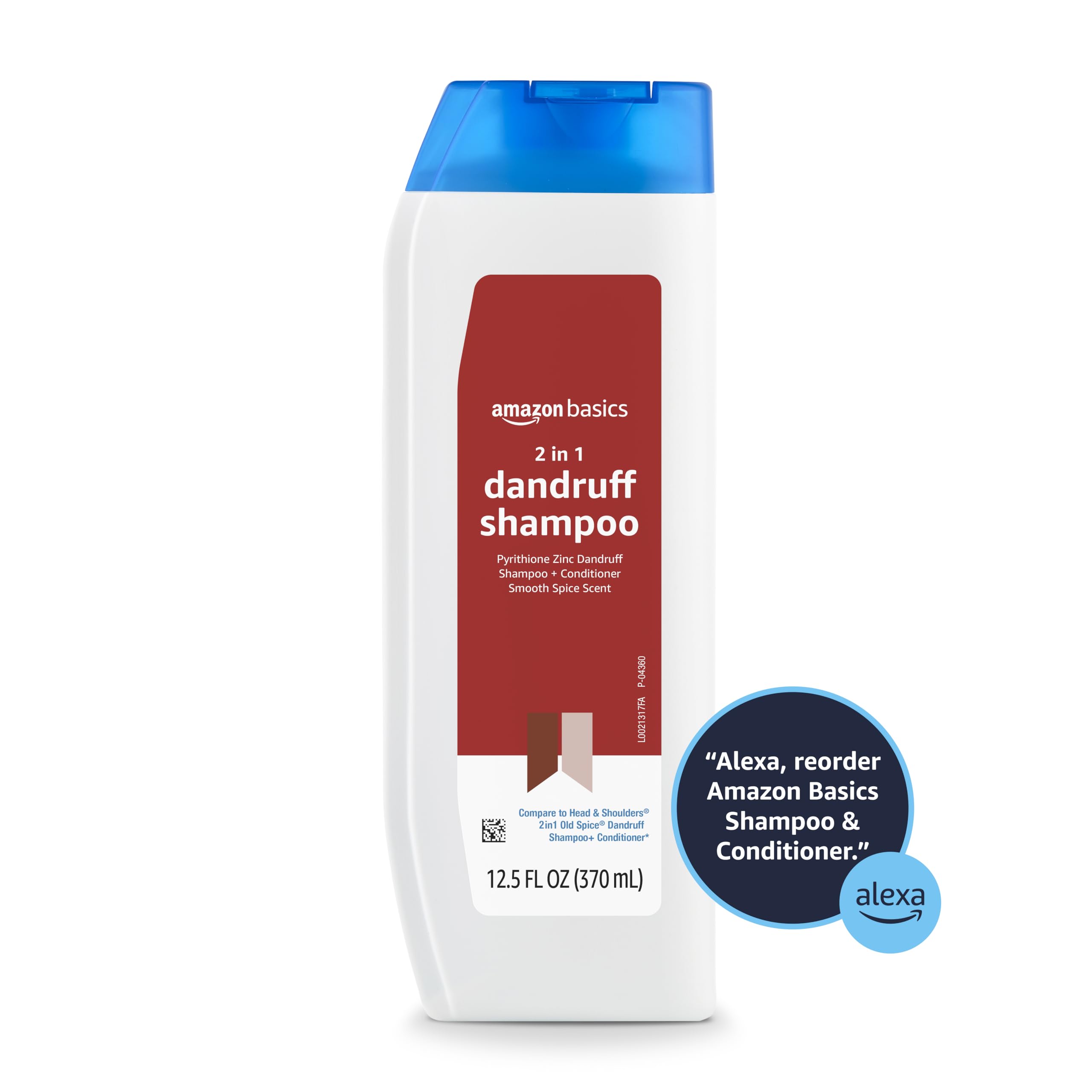 Packaging of Amazon Basics anti-dandruff 2-in-1 shampoo conveys clean, direct design