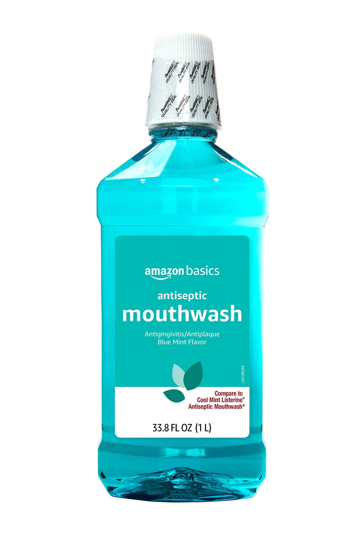 Amazon Basics antiseptic mouthwash bottle in blue mint flavor for fresh breath