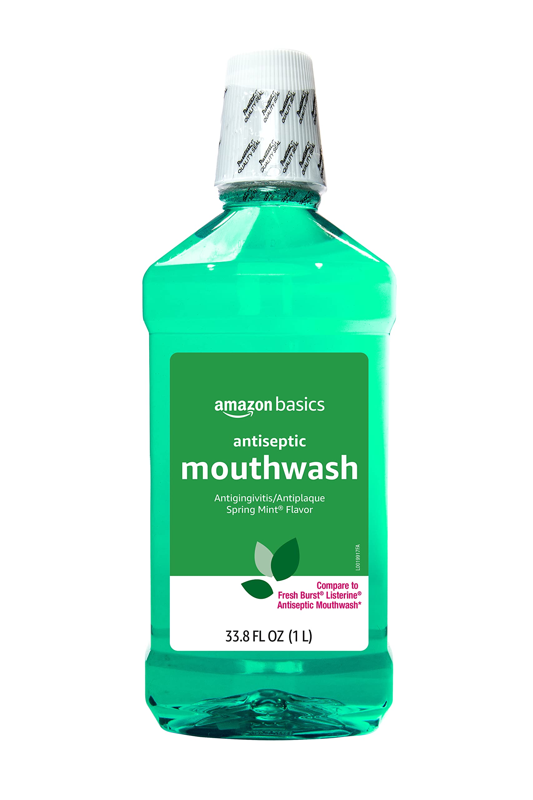 Amazon Basics antiseptic mouthwash bottle on a bathroom counter for daily freshness.