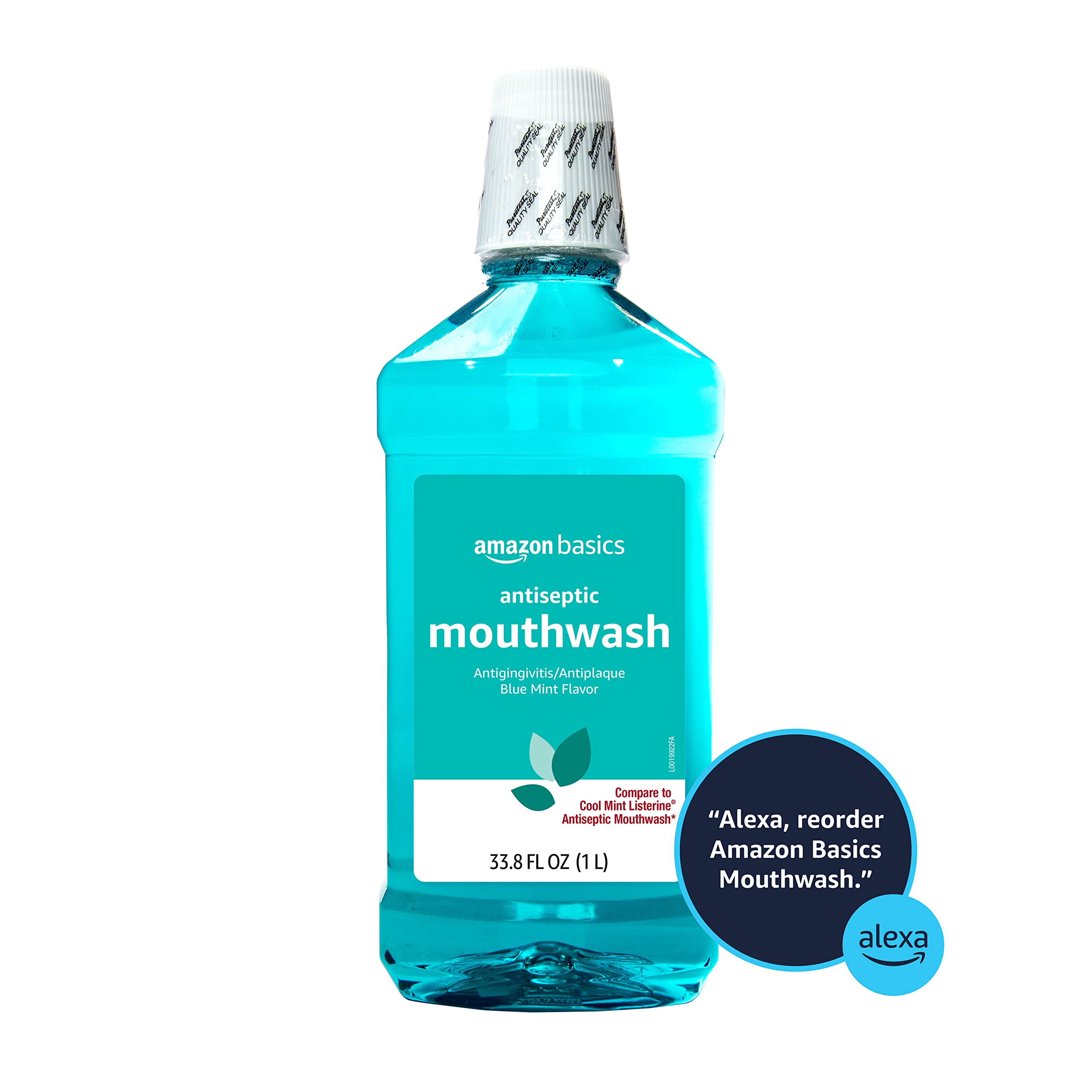 Close-up of Amazon Basics antiseptic mouthwash label and cap for easy daily use