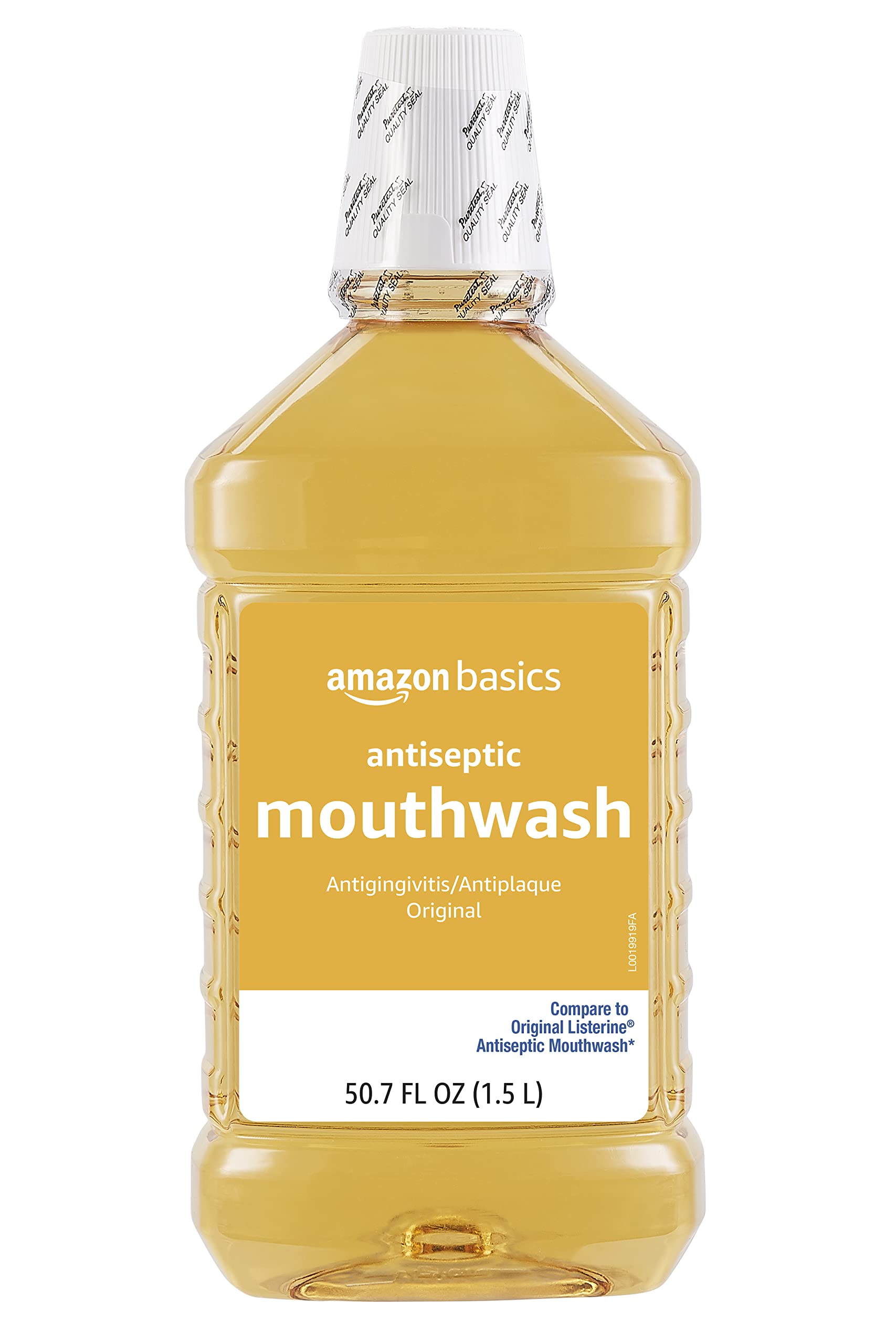 Amazon Basics antiseptic mouthwash original bottle front showing long-lasting 1.5L supply.