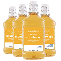 Amazon Basics antiseptic mouthwash original flavor bottle pour supports daily oral care.
