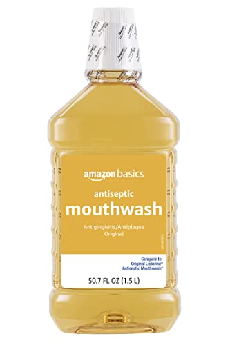 Amazon Basics antiseptic mouthwash four-pack display highlights value and convenience for long-term oral care.