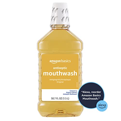 Packaging view of Amazon Basics antiseptic mouthwash demonstrates convenience and size.