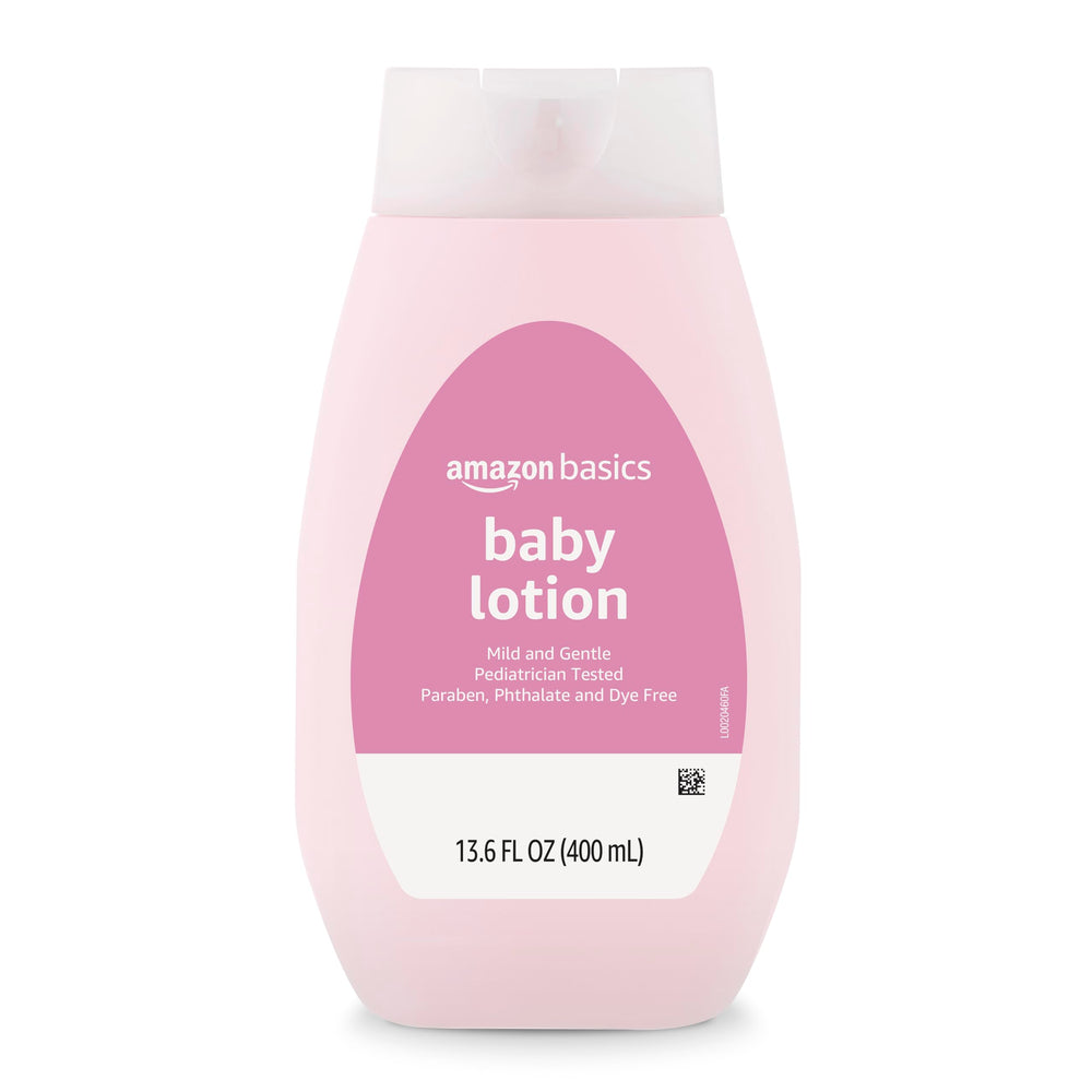 Label of Amazon Basics Baby Lotion showing mild, hypoallergenic formula.