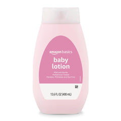 Label of Amazon Basics Baby Lotion showing mild, hypoallergenic formula.