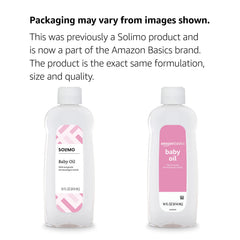 Amazon Basics Baby Oil label highlights a 14 oz size for family use.