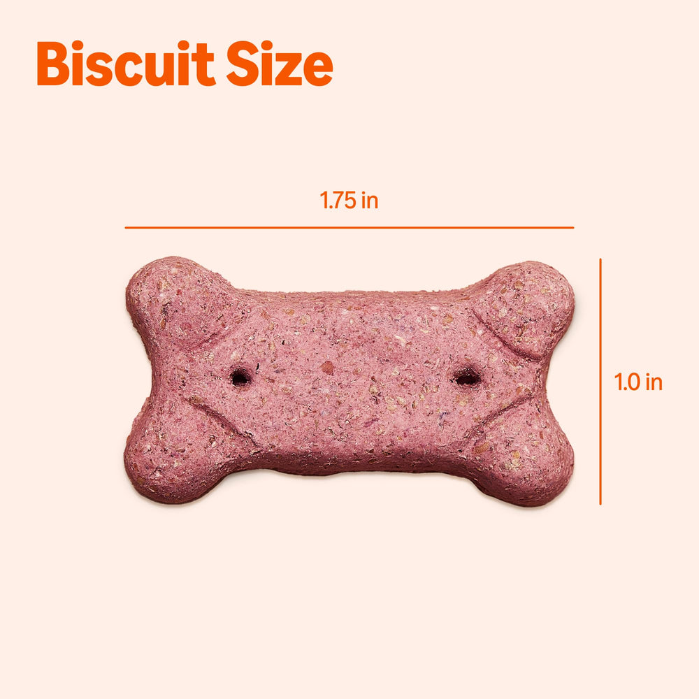 Amazon Basics Crunchy Dog Biscuits bag and box highlighting all sizes and convenience.