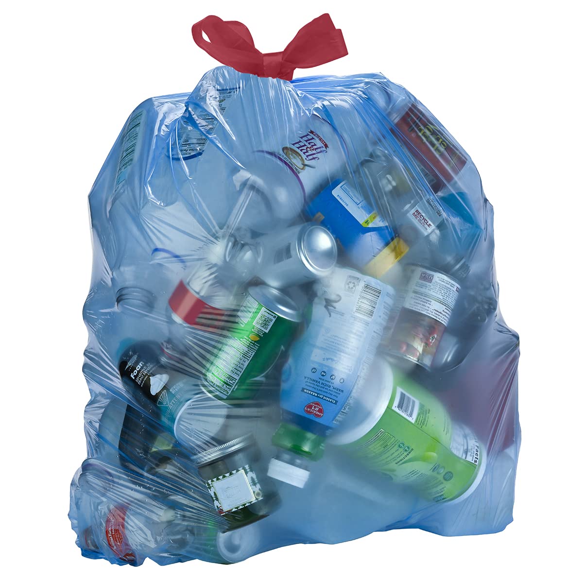Amazon Basics blue drawstring recycling bags with easy tie handles for mess-free disposal.