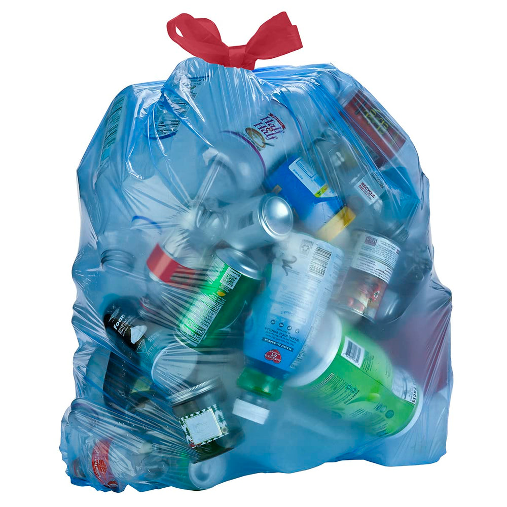 Amazon Basics blue drawstring recycling bags with easy tie handles for mess-free disposal.