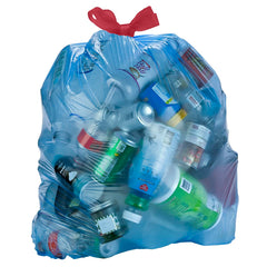 Amazon Basics blue drawstring recycling bags with easy tie handles for mess-free disposal.