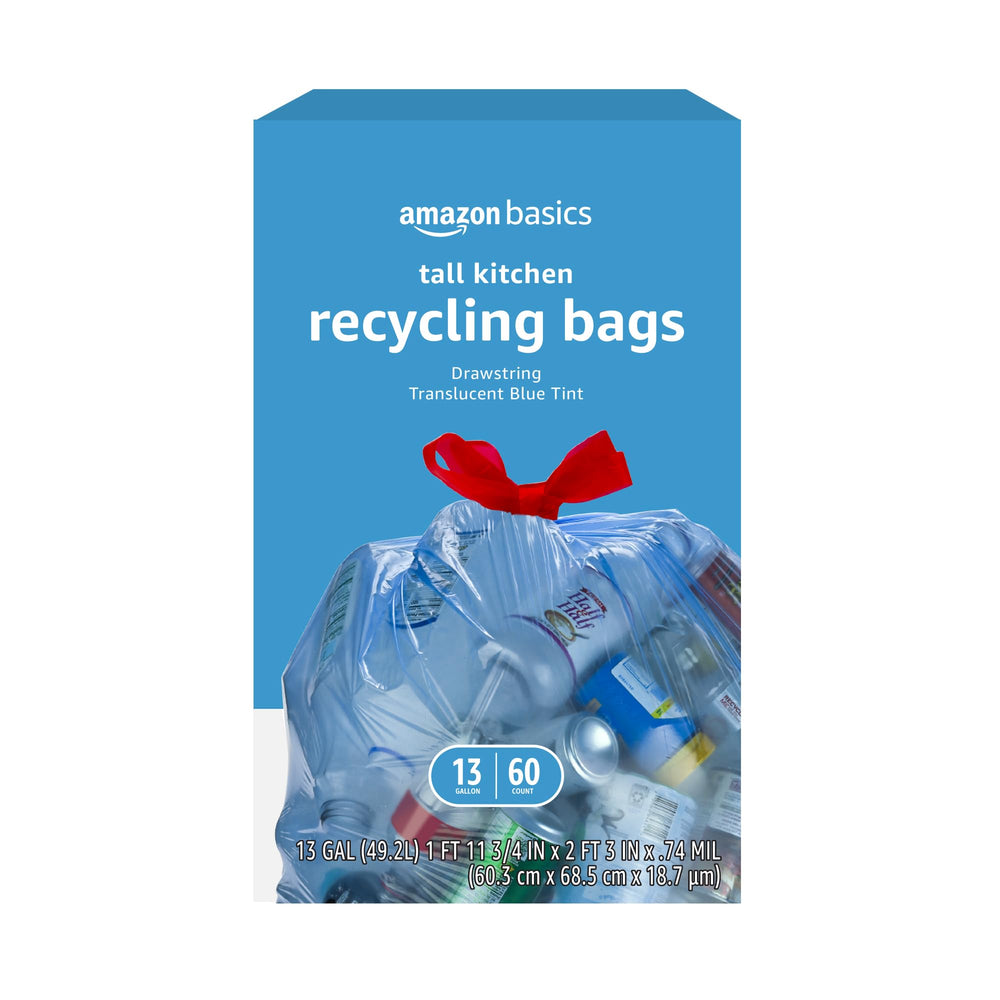 Amazon Basics blue recycling bags for 13 gallon capacity, sturdy and reliable.