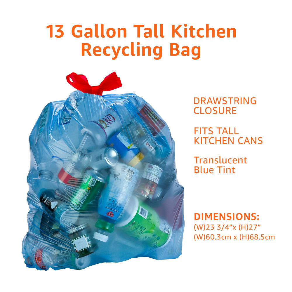 Amazon Basics blue unscented 13 gallon trash bags keep odors neutral in busy kitchens.