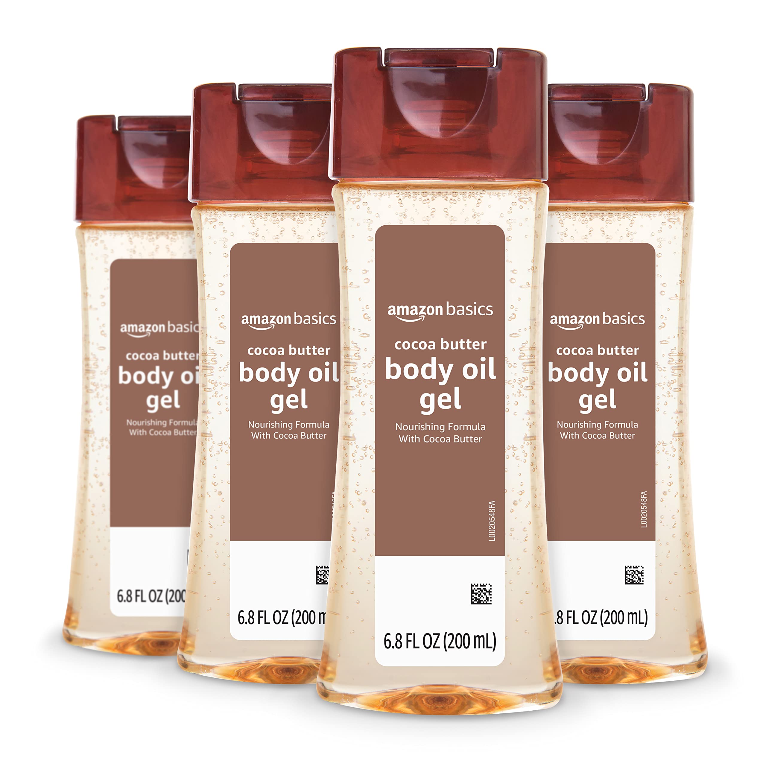 Amazon Basics body oil gel bottles provide four 6.8 oz containers for deep hydration.