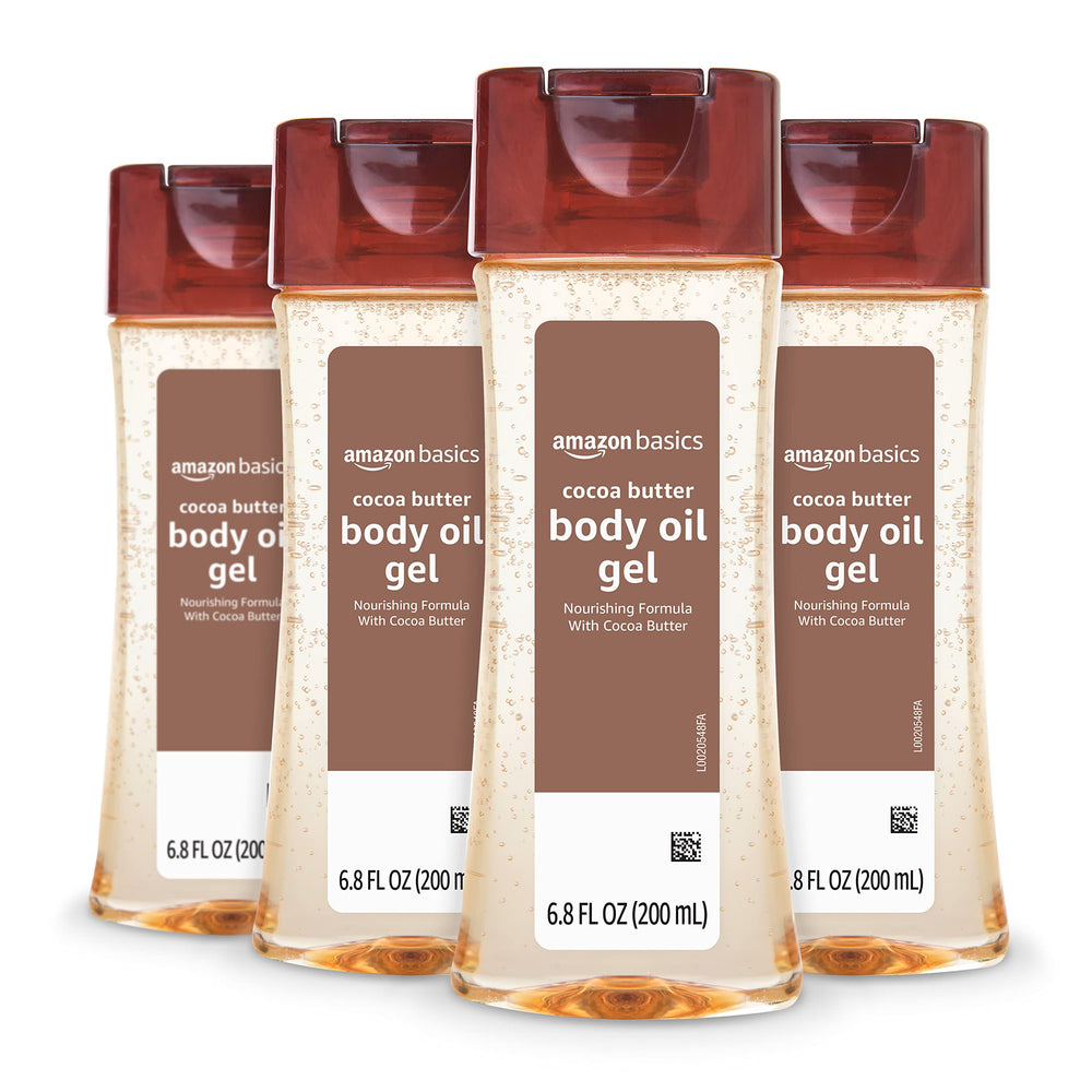 Amazon Basics body oil gel bottles provide four 6.8 oz containers for deep hydration.