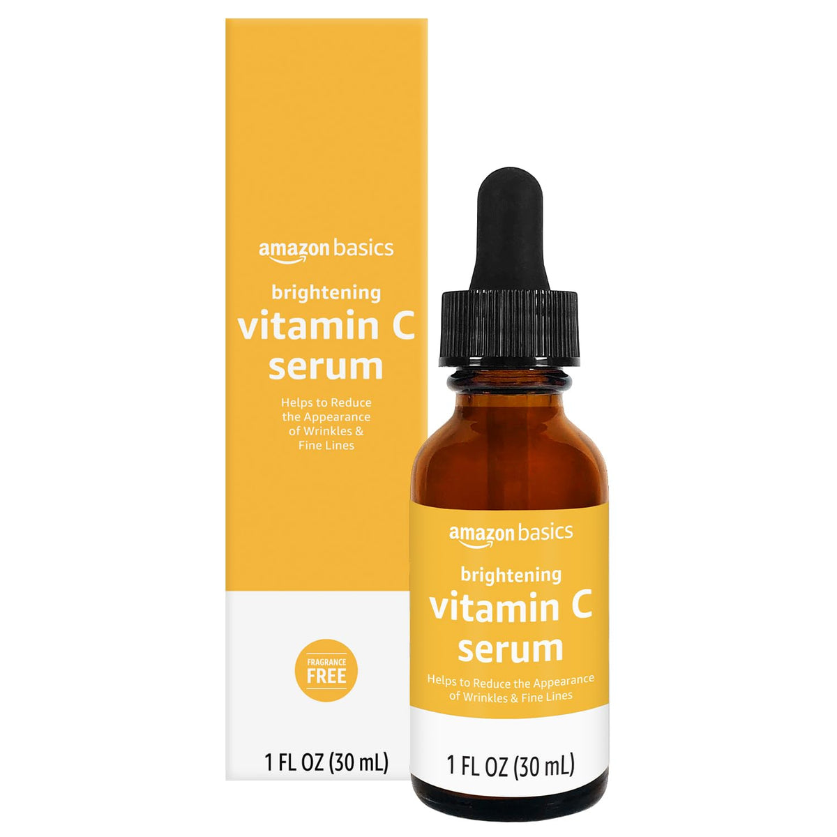 Amazon Basics Brightening Vitamin C Serum bottle highlighting hydration benefits