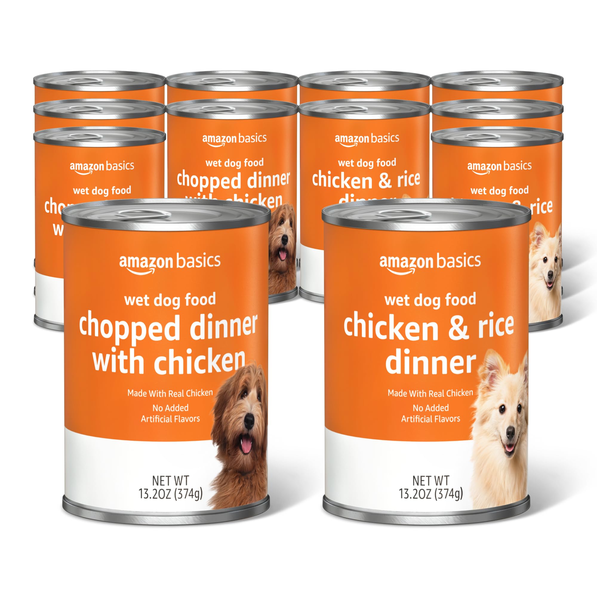 Amazon Basics chopped dinner dog food can featuring chicken chunks for protein.