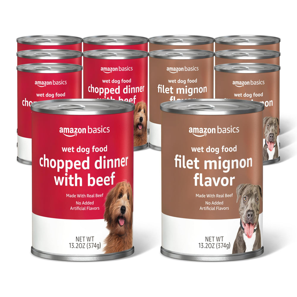 Amazon Basics chopped ground dinner front packaging—protein-rich complete meal for dogs