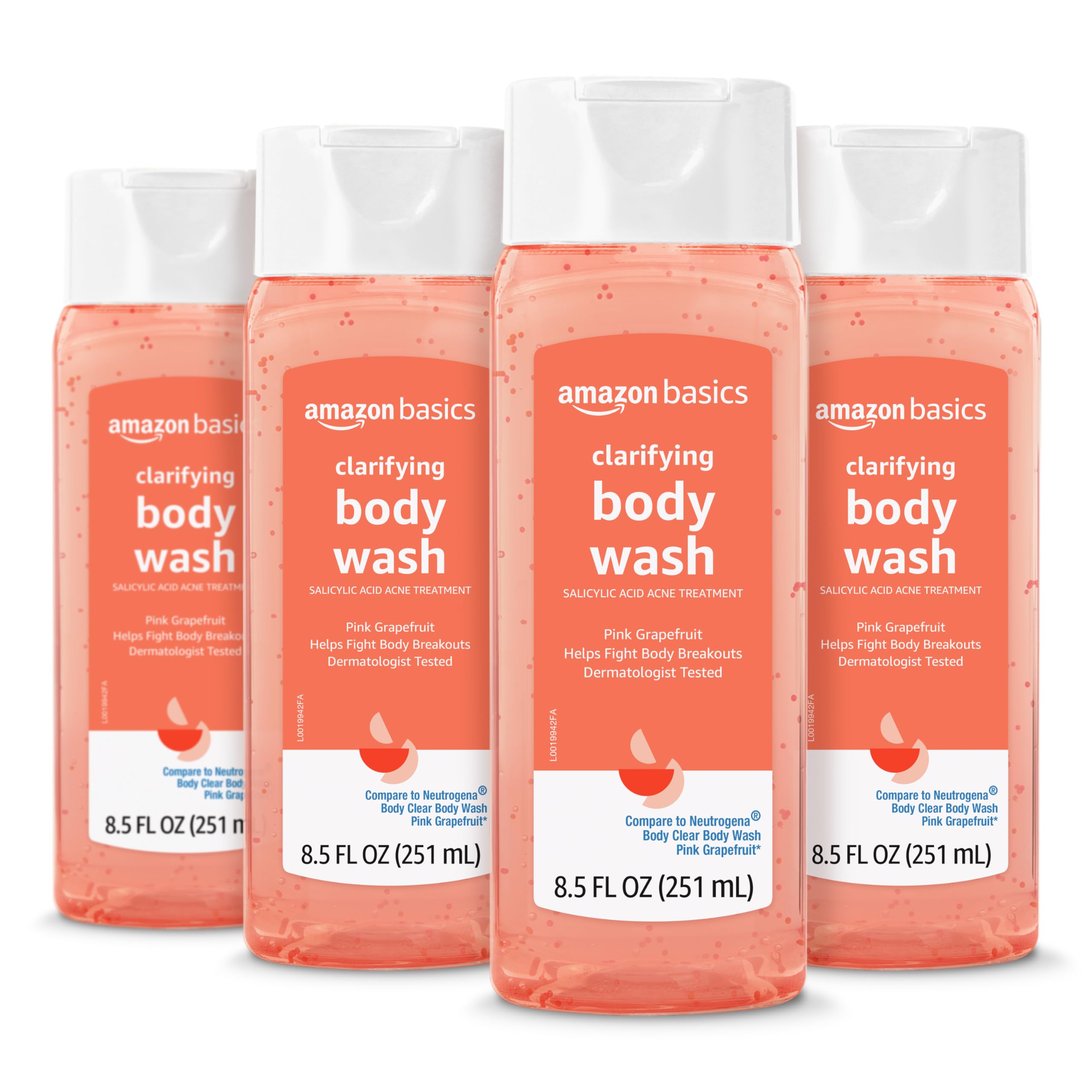 Amazon Basics Clarifying Pink Grapefruit Body Wash bottle-front highlights 8.5 oz for daily refreshing cleansing.