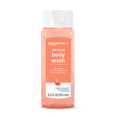 Amazon Basics Clarifying Pink Grapefruit Body Wash bottle-top shows foaming formula for a rich cleanse.
