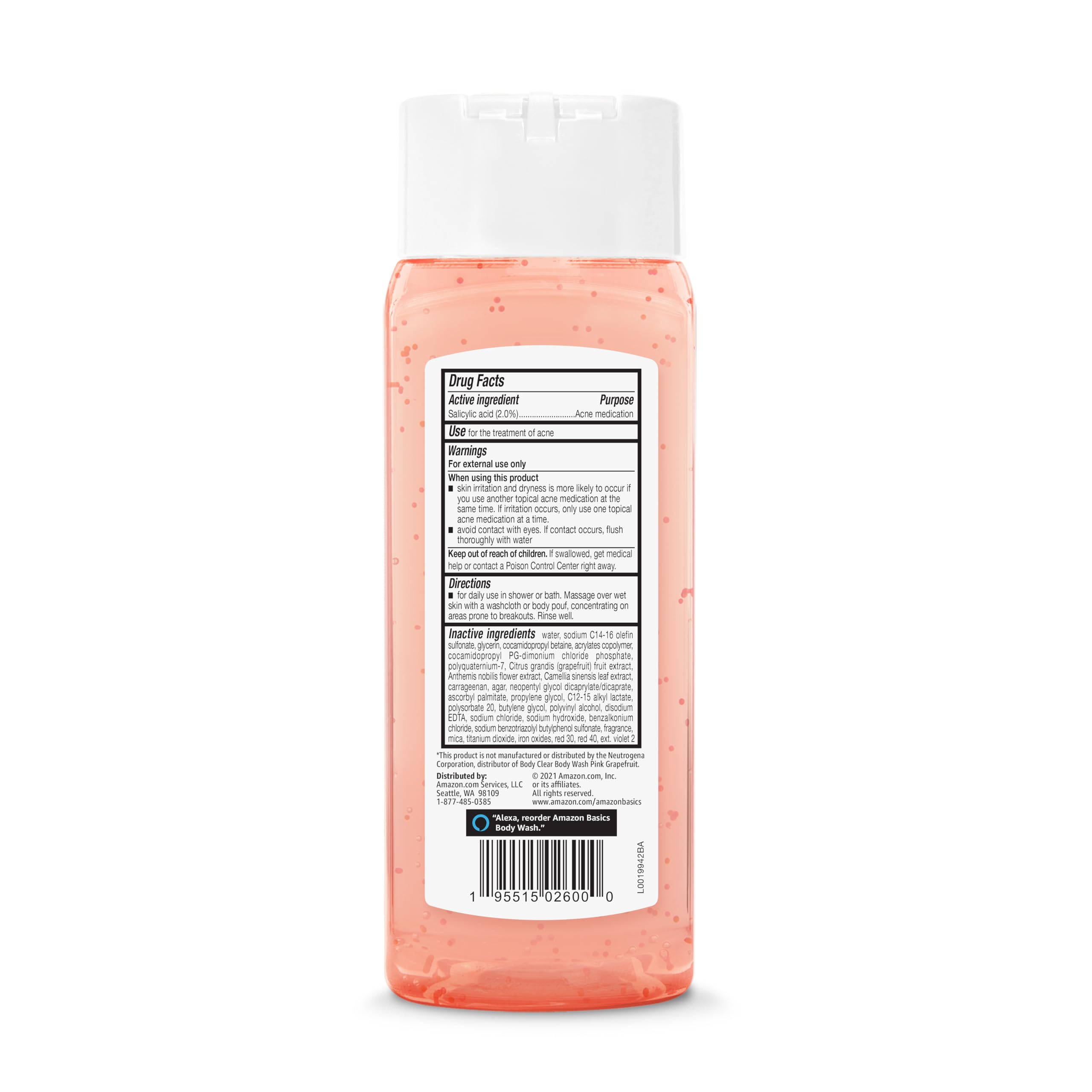 Amazon Basics Clarifying Pink Grapefruit Body Wash foaming lather supports cleansing while salicylic acid targets breakouts.