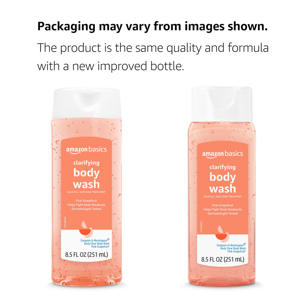 Amazon Basics Clarifying Pink Grapefruit Body Wash label closeup highlights 2% salicylic acid.