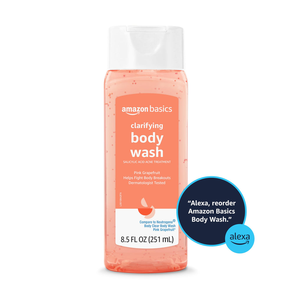 Amazon Basics Clarifying Pink Grapefruit Body Wash packaging shows value and daily cleansing option.