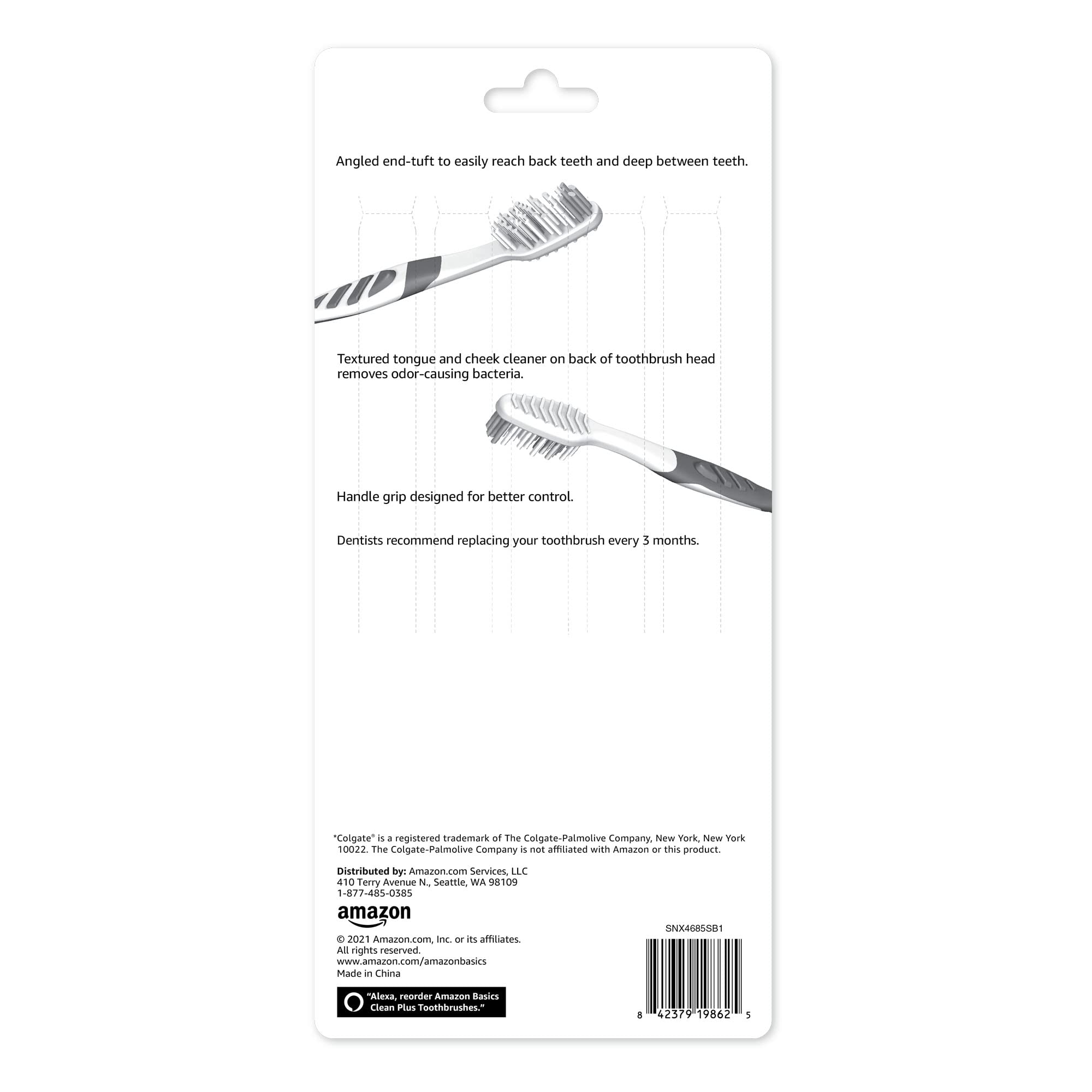 Amazon Basics Clean Plus toothbrush angled end-tuft for reaching back teeth.