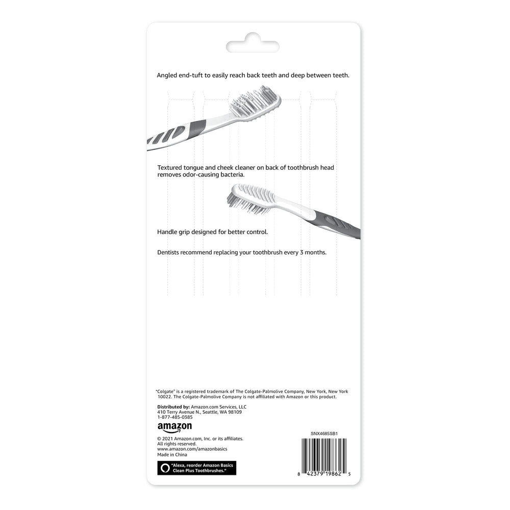 Amazon Basics Clean Plus toothbrush angled end-tuft for reaching back teeth.