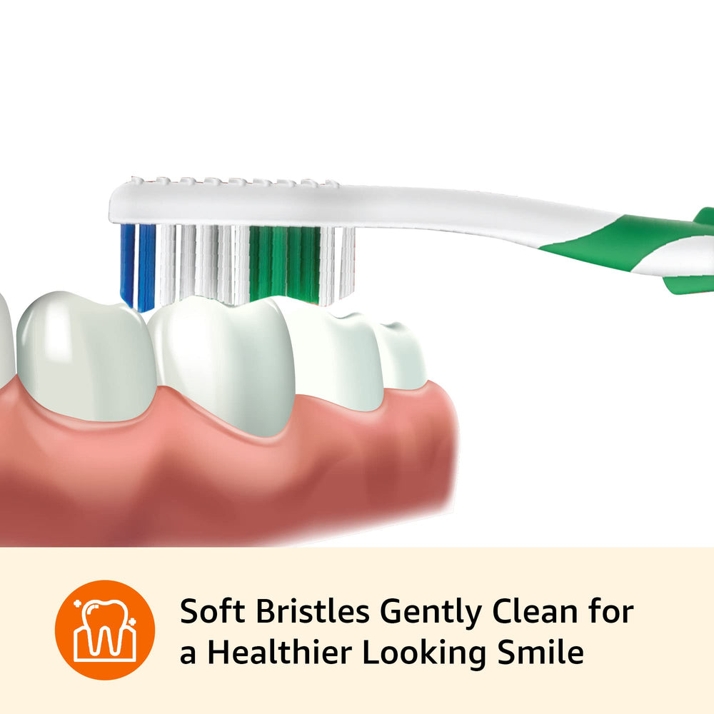 Amazon Basics Clean Plus toothbrush easy grip handle for comfortable brushing.