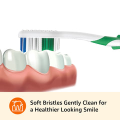 Amazon Basics Clean Plus toothbrush easy grip handle for comfortable brushing.