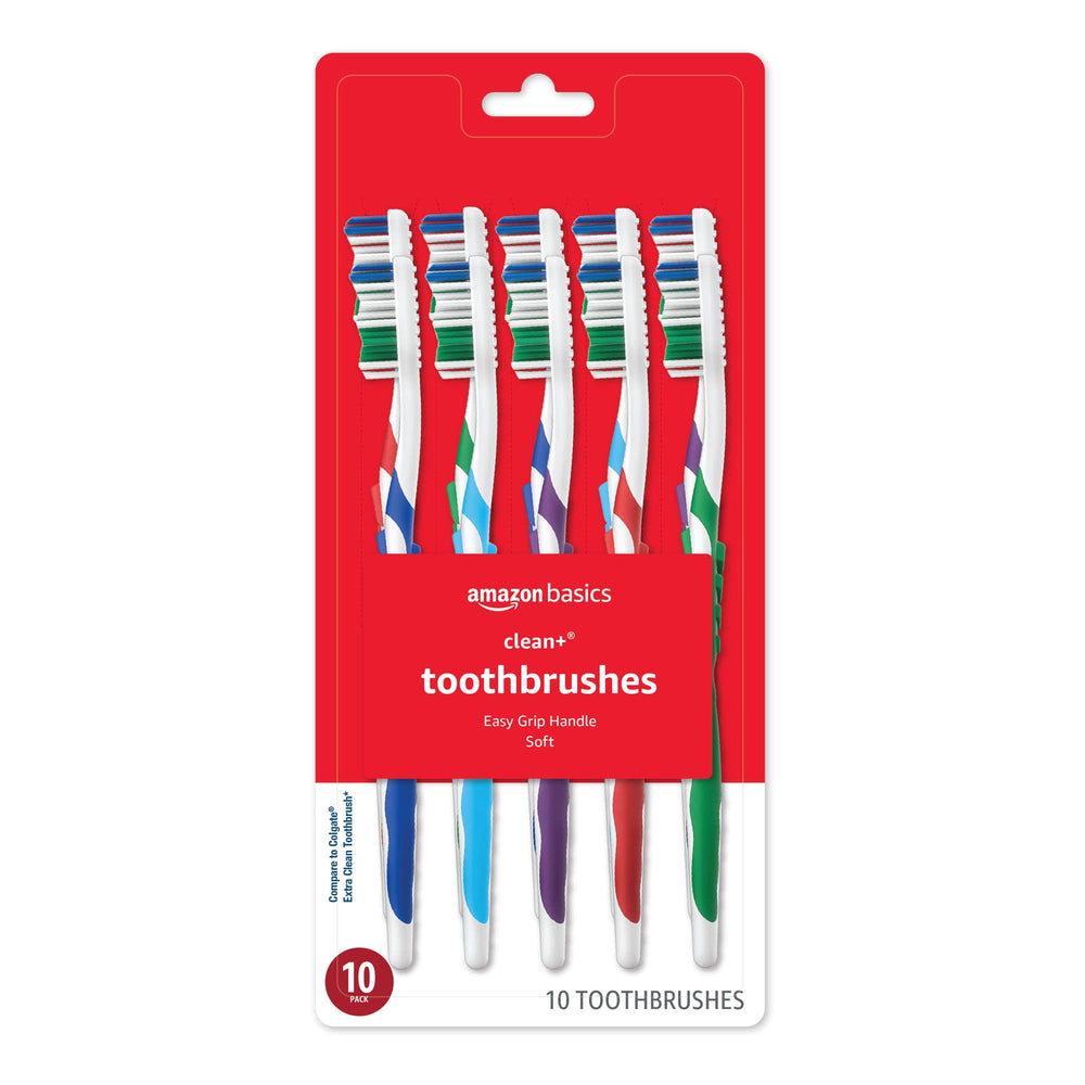 Amazon Basics Clean Plus toothbrush with soft bristles for gentle daily cleaning.