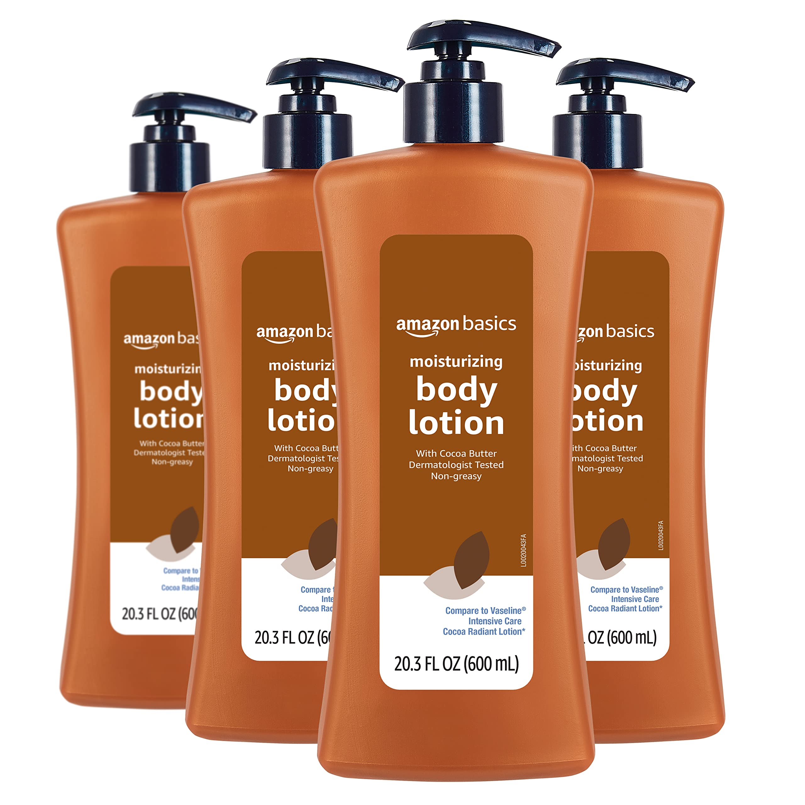 Amazon Basics Cocoa Butter Lotion 4-pack bottle hydrates dry skin with non-greasy feel