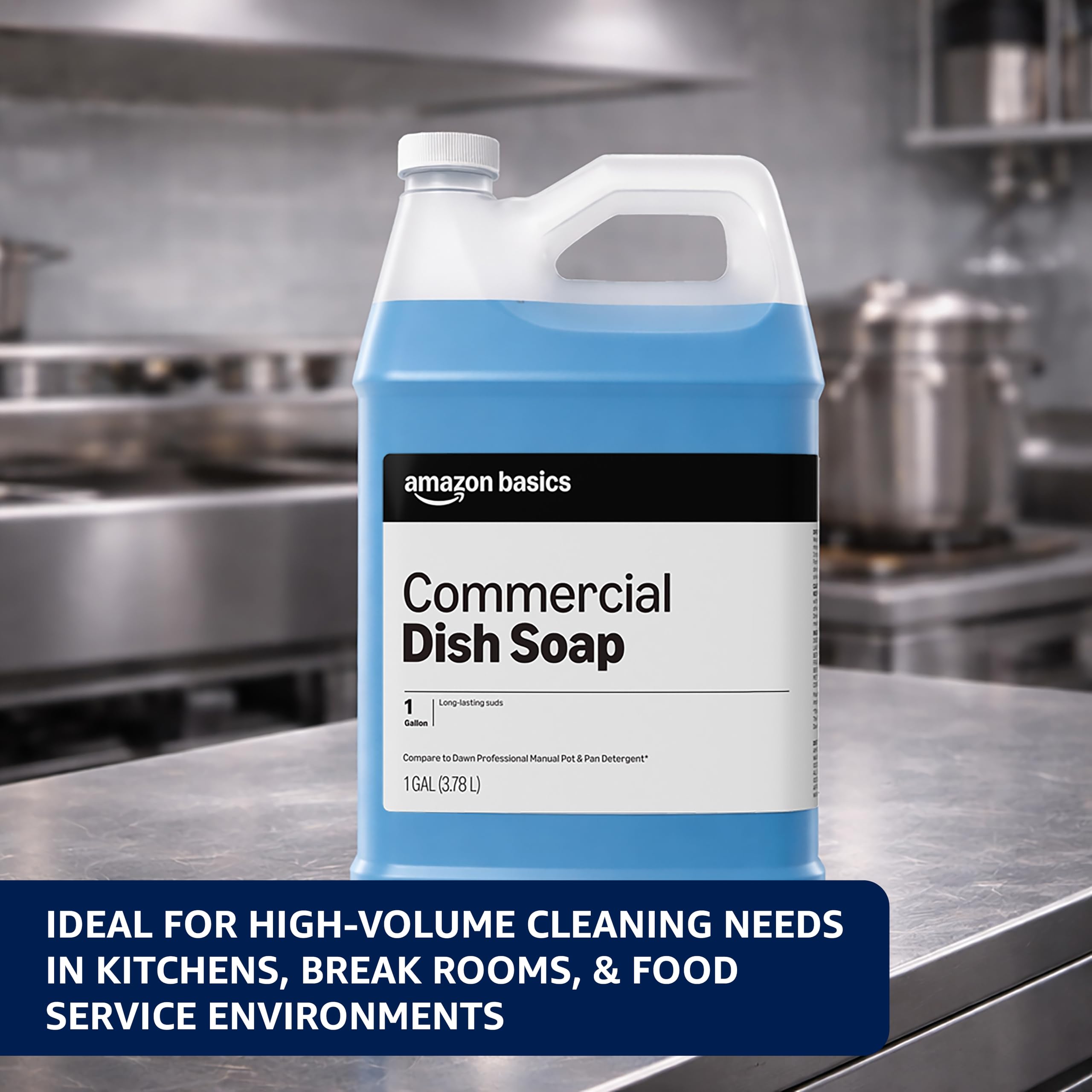 Commercial kitchen scene with the two-bottle Amazon Basics dish soap pack ready for use.